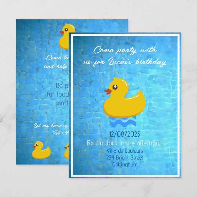 yellow rubber duck  - birthday  pool party invitation (Front/Back)
