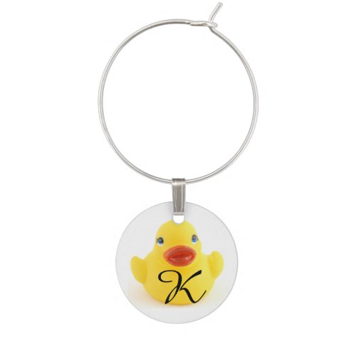 Yellow Rubber Duck Toy with Initial Wine Glass Charm