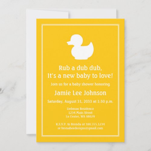 Yellow Rubber Duckie Baby Shower Invitation