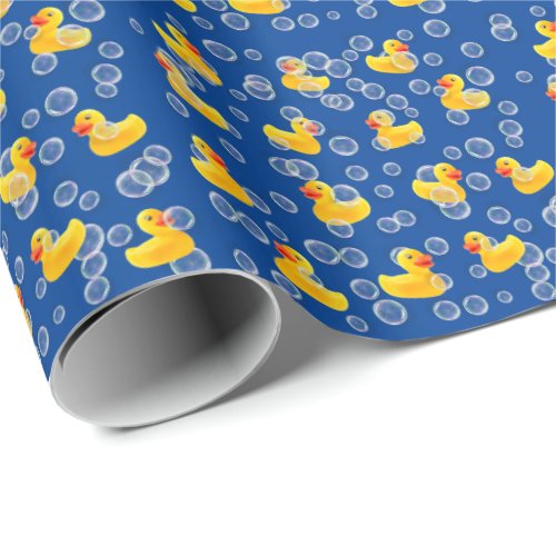 Yellow rubber ducks in bubbles wrapping paper