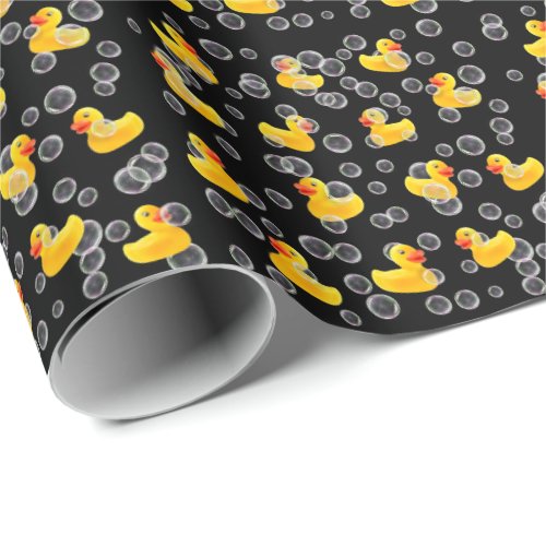 Yellow rubber ducks in bubbles wrapping paper