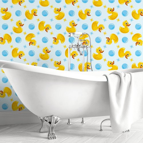 Yellow Rubber Ducks On Blue With Blue Bubbles Kids Wallpaper