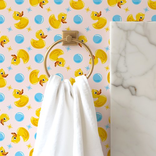 Yellow Rubber Ducks On Pink With Blue Bubbles Kids Wallpaper