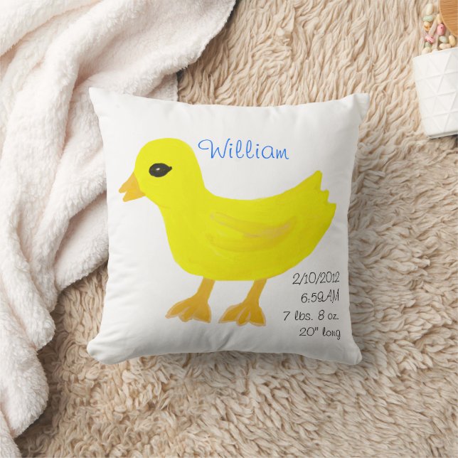 Yellow Rubber Ducky Birth Details Blue Throw Pillow (Blanket)