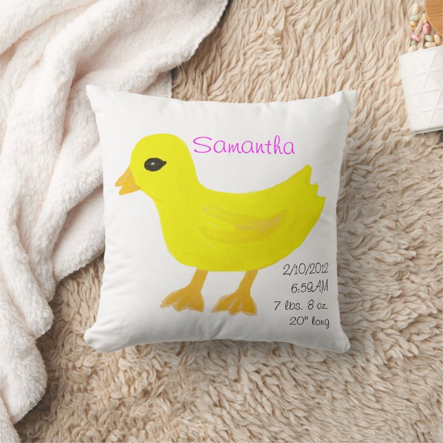 Yellow Rubber Ducky Birth Details Pink Throw Pillow (Blanket)