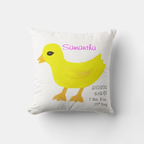 Yellow Rubber Ducky Birth Details Pink Throw Pillow