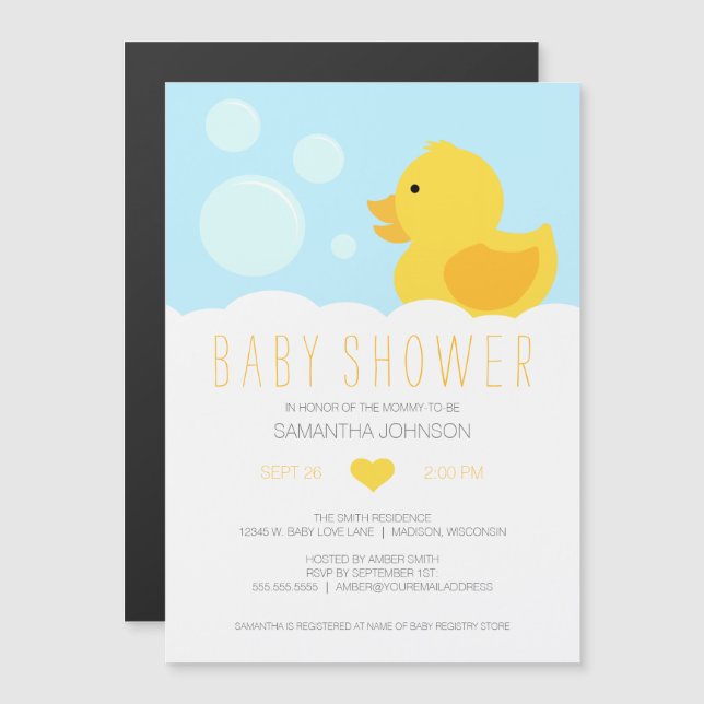 Yellow Rubber Ducky Bubble Bath Baby Shower Magnetic Invitation (Front/Back)