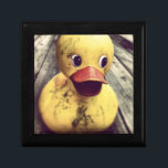 Yellow Rubber Ducky Needs a Bath! Jewelry Box<br><div class="desc">Cute and funny photo of a big yellow rubber ducky sitting on a wooden porch. This duck,  has a big red beak and wide staring eyes. Covered in dirt,  perhaps waiting for the rain shower to wash away the dirt. Has a cute look on his face.</div>
