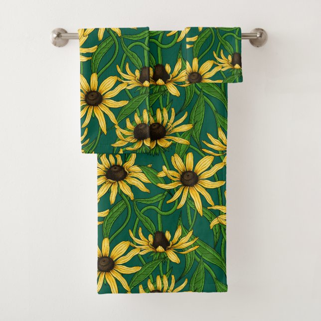 Yellow Rudbekia on dark green Bath Towel Set (Insitu)