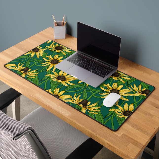 Yellow Rudbekia on dark green Desk Mat (Office 2)