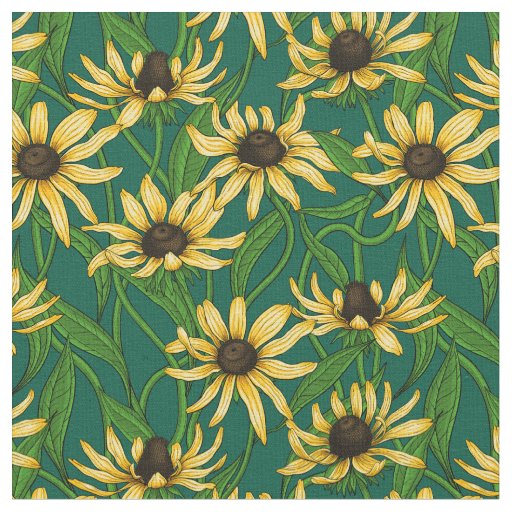 Yellow Rudbekia on dark green Fabric