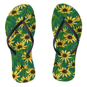 Yellow Rudbekia on dark green Flip Flops