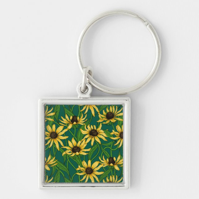 Yellow Rudbekia on dark green Keychain (Front)