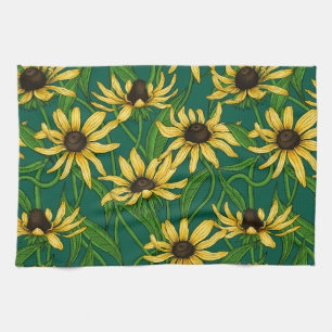 Yellow Rudbekia on dark green Kitchen Towel
