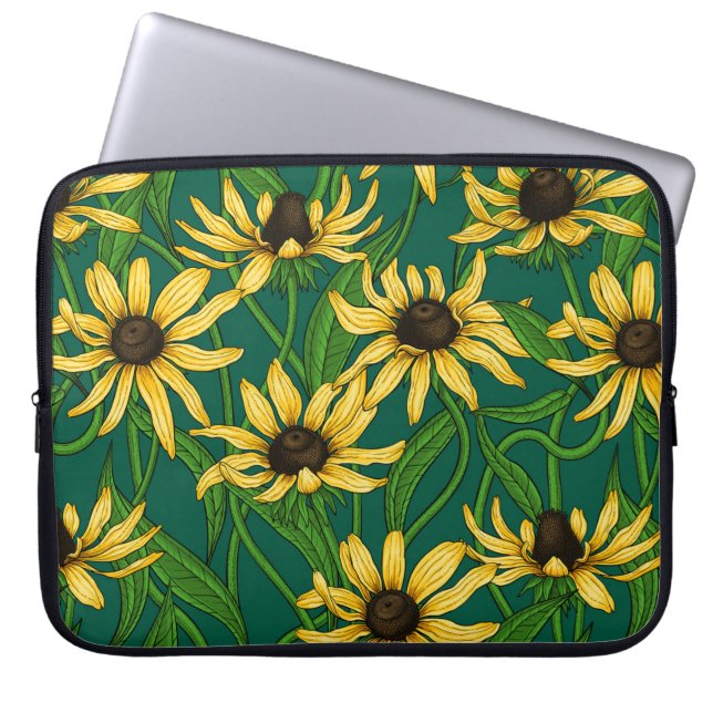 Yellow Rudbekia on dark green Laptop Sleeve (Front)