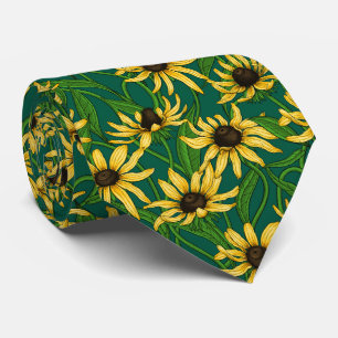 Yellow Rudbekia on dark green Neck Tie