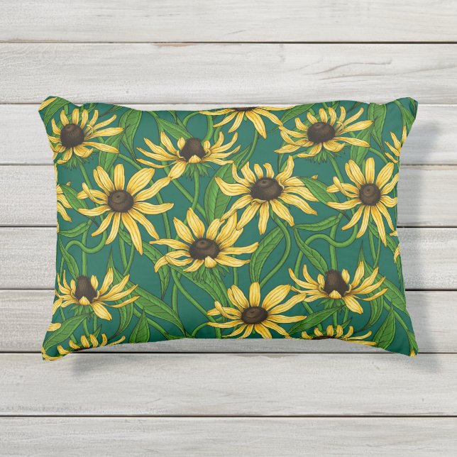 Yellow Rudbekia on dark green Outdoor Pillow (Front)