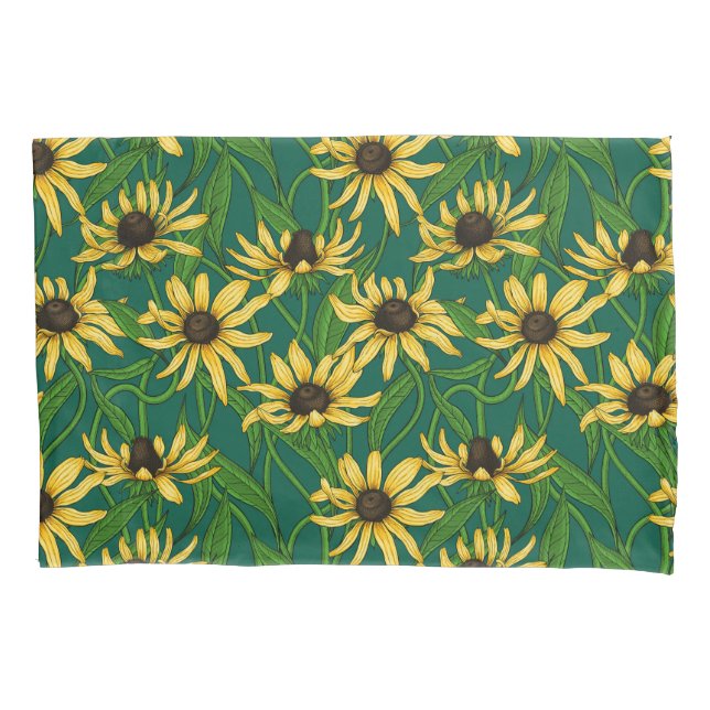 Yellow Rudbekia on dark green Pillow Case (Front-Left)