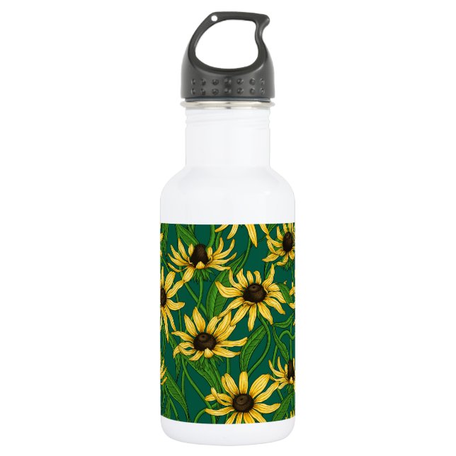 Yellow Rudbekia on dark green Stainless Steel Water Bottle (Front)
