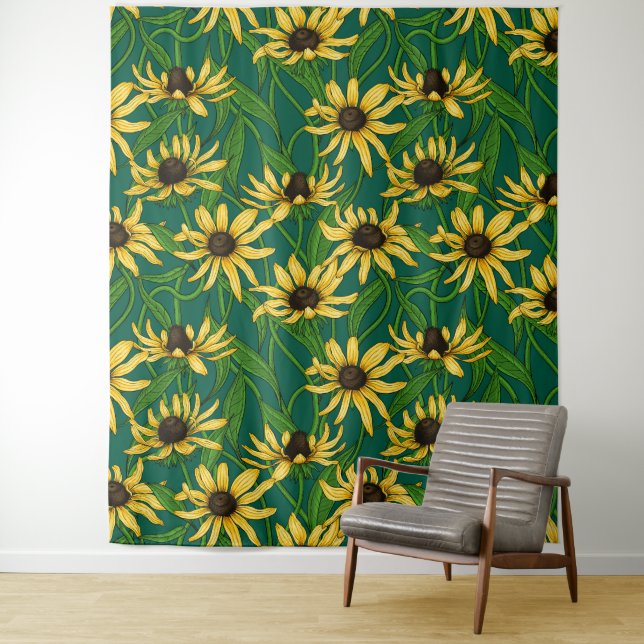 Yellow Rudbekia on dark green Tapestry (In Situ)