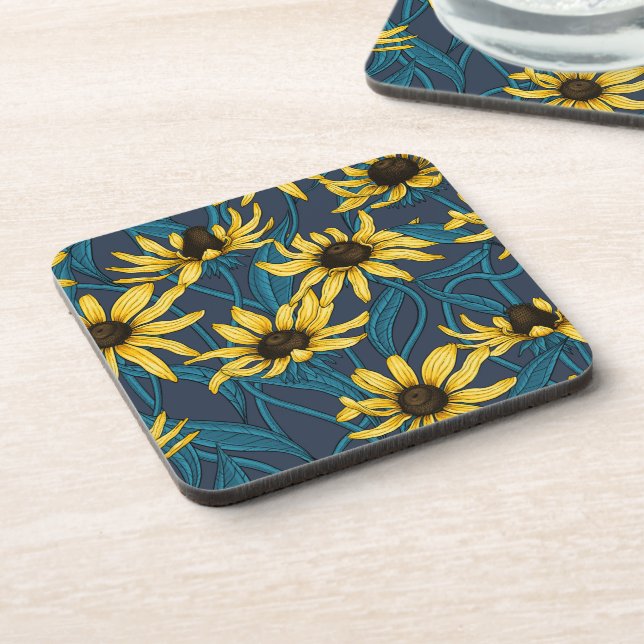 Yellow Rudbekia on navy Beverage Coaster (Left Side)