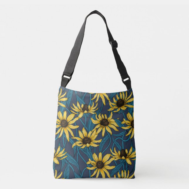 Yellow Rudbekia on navy Crossbody Bag (Front)
