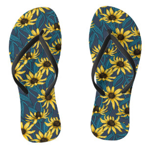Yellow Rudbekia on navy Flip Flops