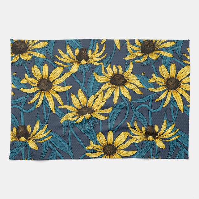 Yellow Rudbekia on navy Kitchen Towel (Horizontal)