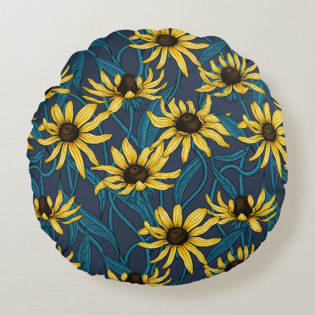 Yellow Rudbekia on navy Round Pillow (Front)