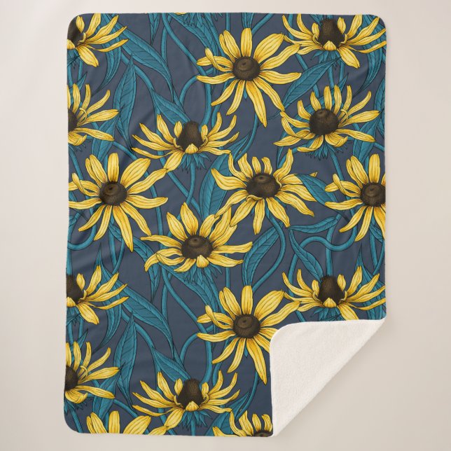 Yellow Rudbekia on navy Sherpa Blanket (Front)