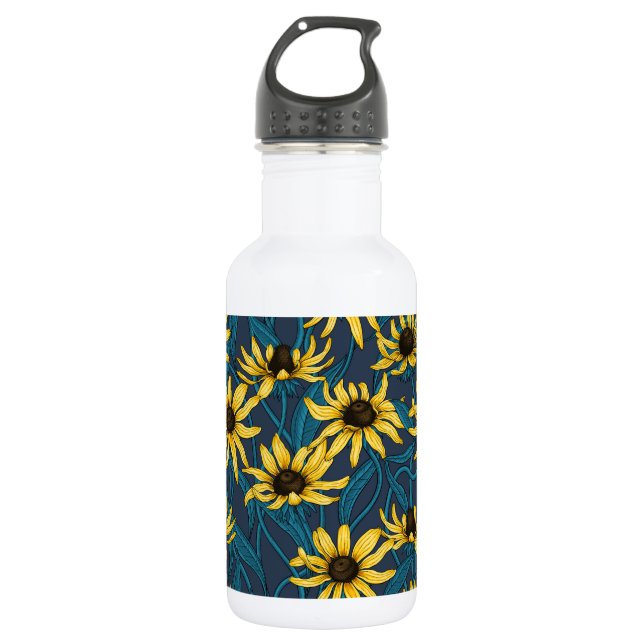 Yellow Rudbekia on navy Stainless Steel Water Bottle (Front)