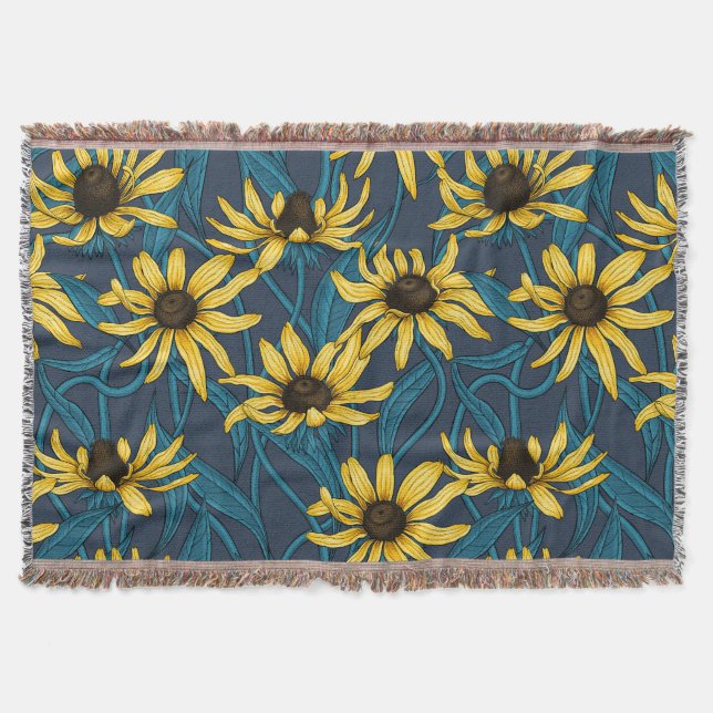 Yellow Rudbekia on navy Throw Blanket (Front)
