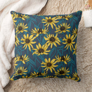 Yellow Rudbekia on navy Throw Pillow