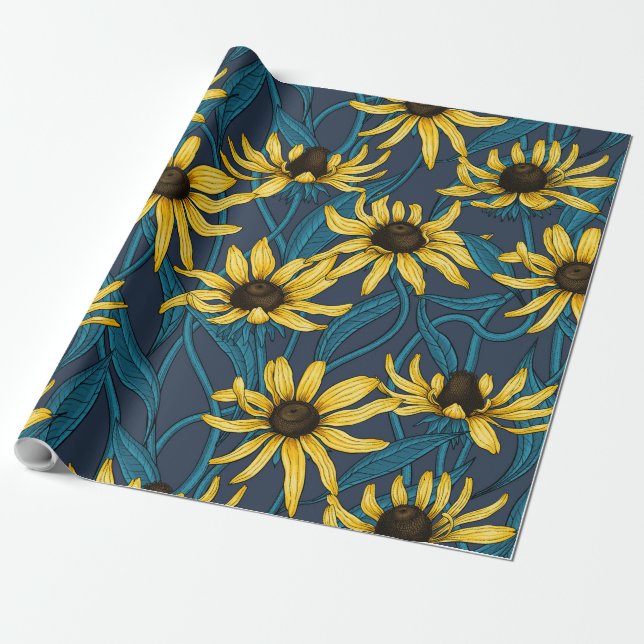 Yellow Rudbekia on navy Wrapping Paper (Unrolled)