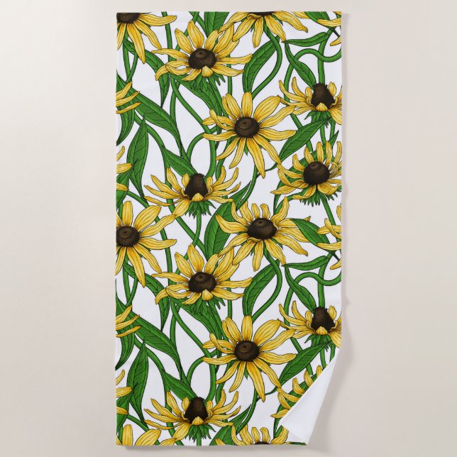 Yellow Rudbekia on white Beach Towel (Front)