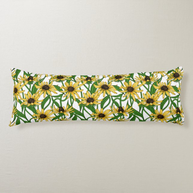 Yellow Rudbekia on white Body Pillow (Front)