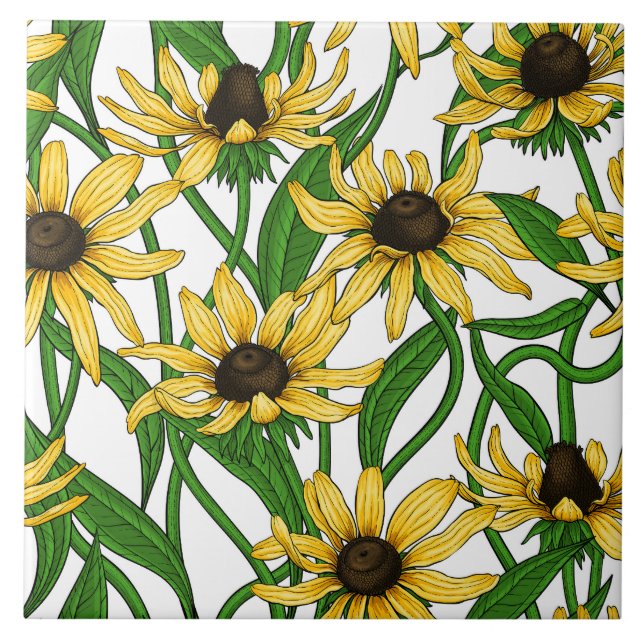 Yellow Rudbekia on white Ceramic Tile (Front)