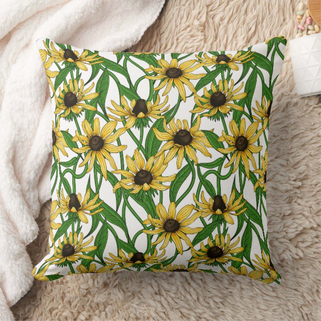Yellow Rudbekia on white Throw Pillow (Blanket)