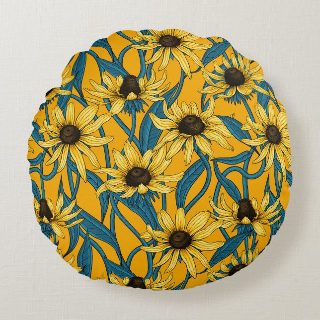 Yellow Rudbekia on yellow Round Pillow (Front)