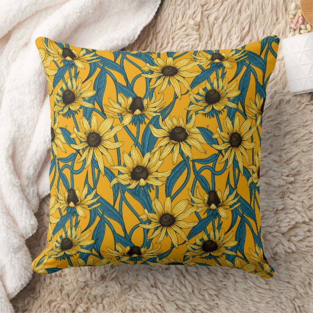 Yellow Rudbekia on yellow Throw Pillow (Blanket)