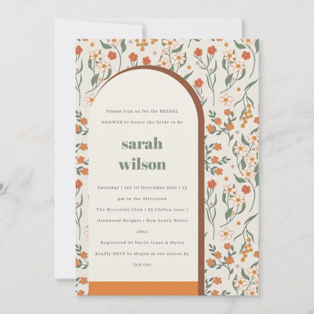 Yellow Rust Groovy Retro Arch Floral Bridal Shower Invitation (Front)