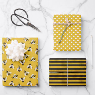 Yellow Rustic Bumble Bee Dots and Stripes Wrapping Paper Sheets
