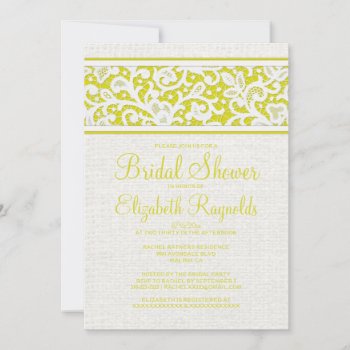 Yellow Rustic Burlap Linen Bridal Shower Invites by topinvitations at Zazzle