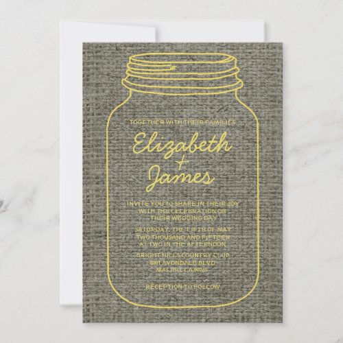 Yellow Rustic Burlap Mason Jar Wedding Invitations