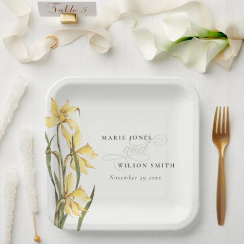 Yellow Rustic Daffodil Floral Watercolor Wedding Paper Plates