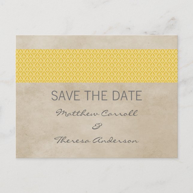 Yellow Rustic Damask Save the Date Postcard (Front)