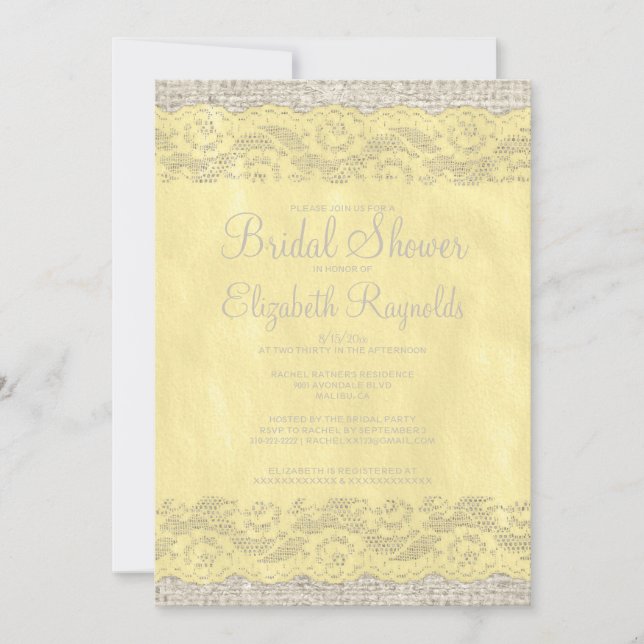 Yellow Rustic Lace Bridal Shower Invitations (Front)
