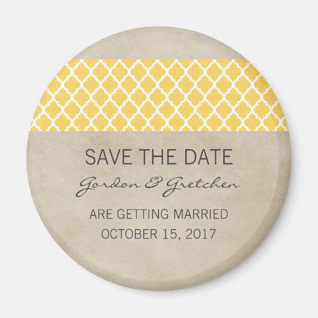 Yellow Rustic Quatrefoil Save the Date Magnet (Front)
