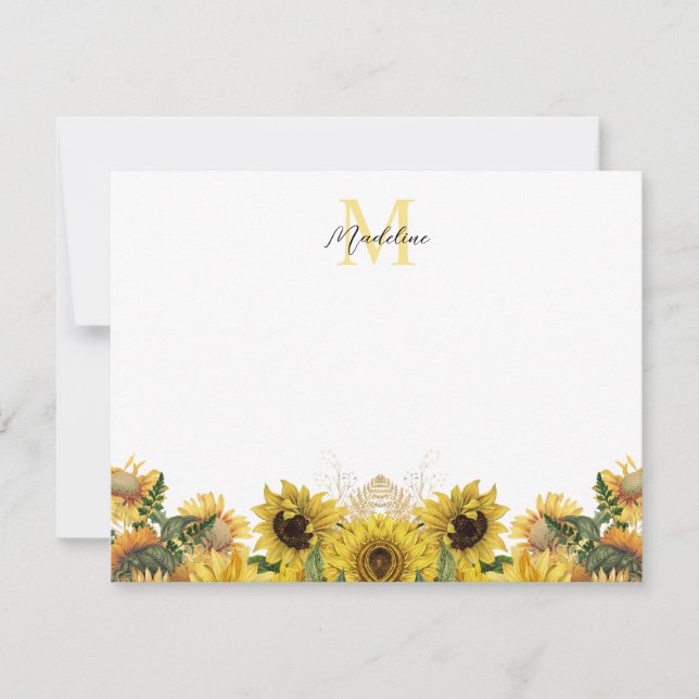 Yellow Rustic Sunflower Floral Script Monogram Note Card (Front)