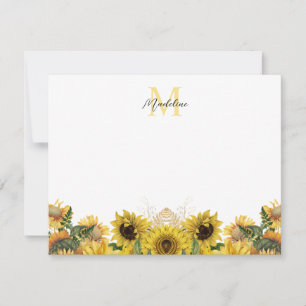 Yellow Rustic Sunflower Floral Script Monogram Note Card